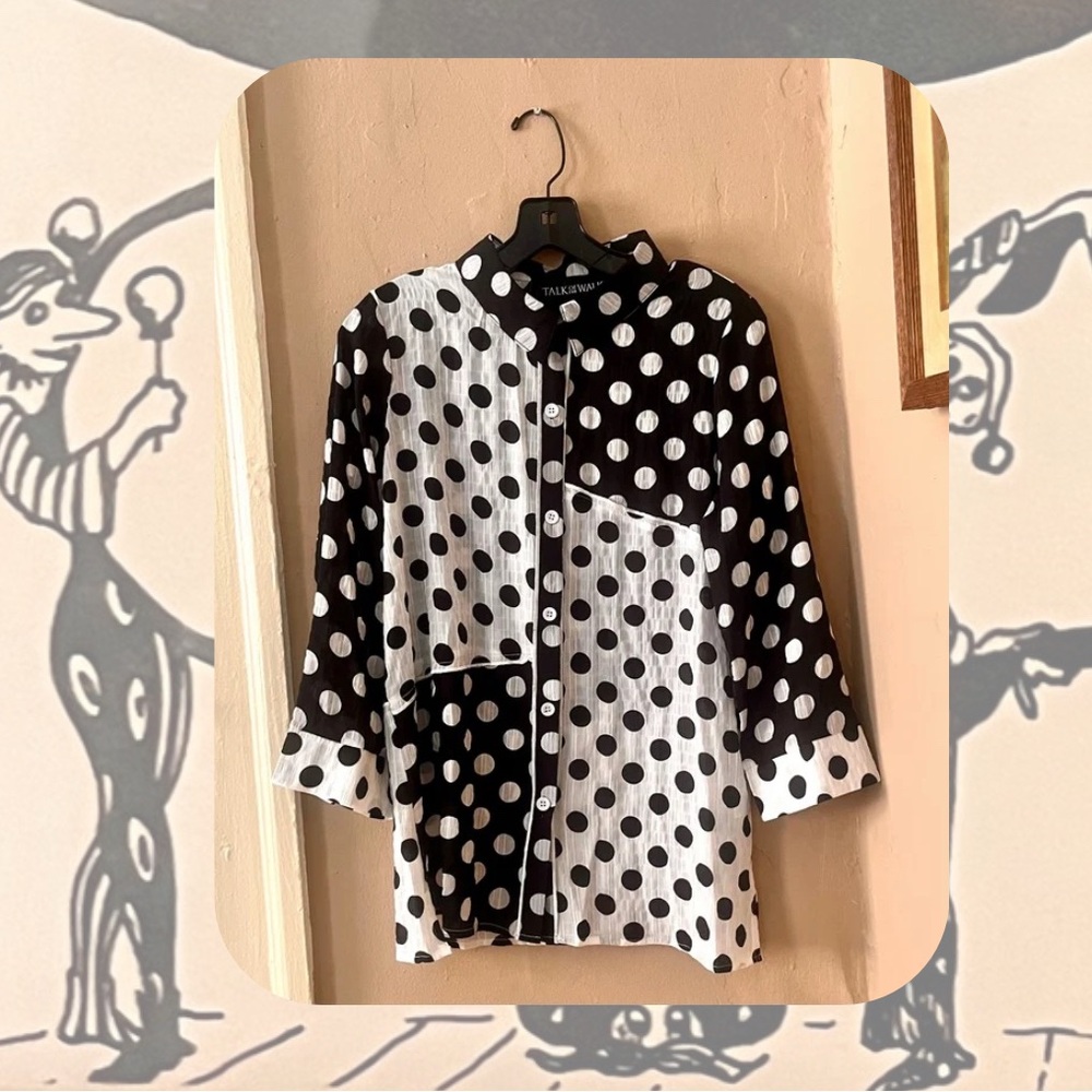 🏷️🎉🆕 black & white polka dot geometric patchwork button up shirt